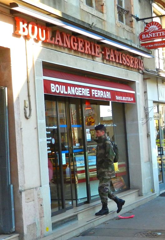 One of four boulangeries in town. Yesterday, in a truly Seinfeldian dilemna, the proprietress of Harvey's usual boulangerie spotted him walking past  with a baguette already in hand. Her bonjour was a hint icy.